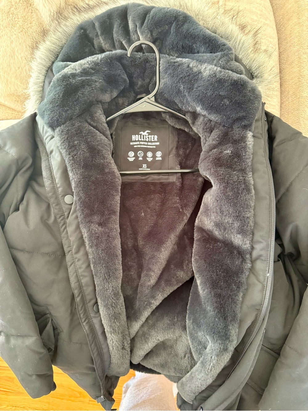 Hollister Dark Charcoal Faux-Fur Lined Hooded Puffer Jacket